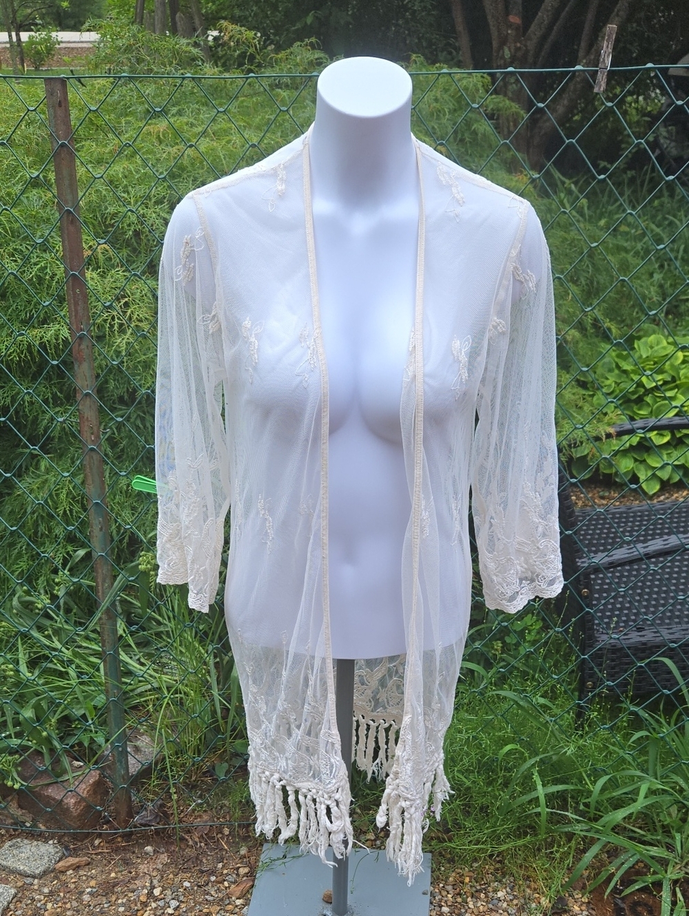Source Unknown Sheer White Lace Kimono Robe with Fringe